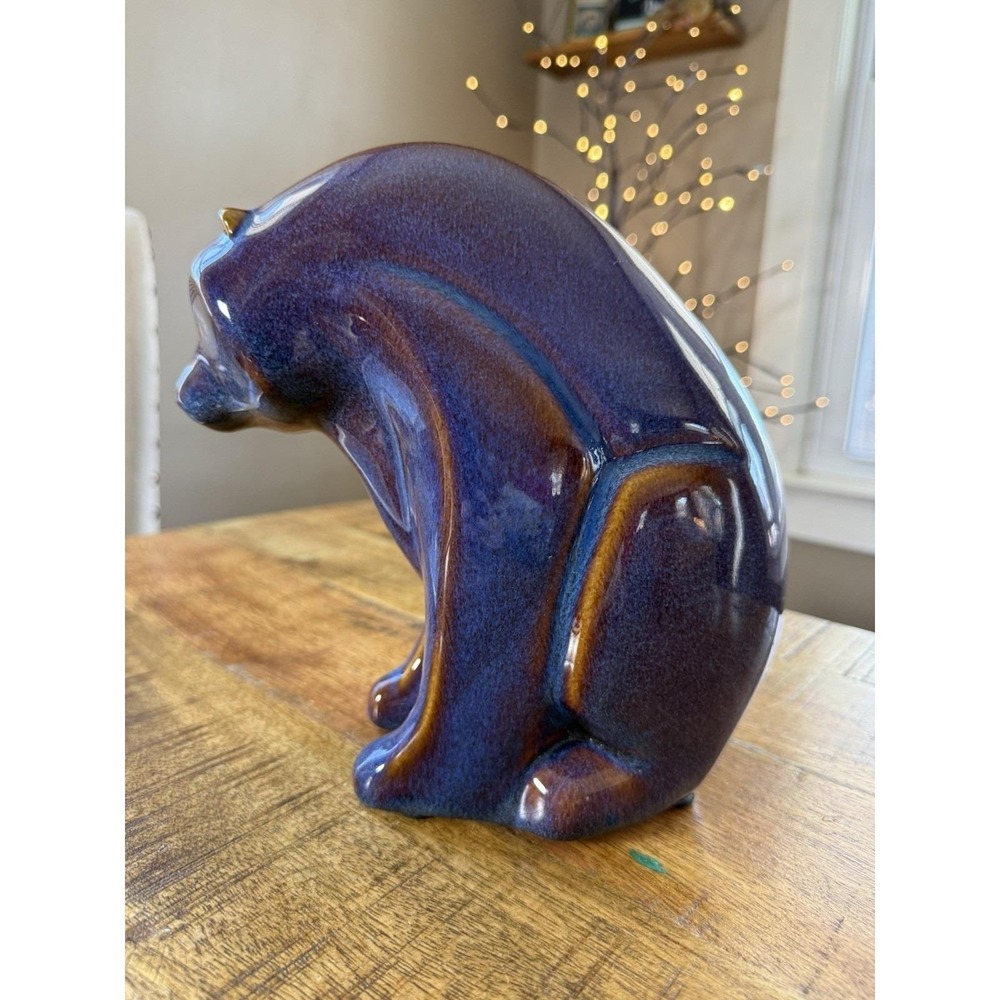 Scandinavian Vintage Blue Brown Drip Glaze Ceramic Bear Figurine Art Sculpture - Picture 2 of 11